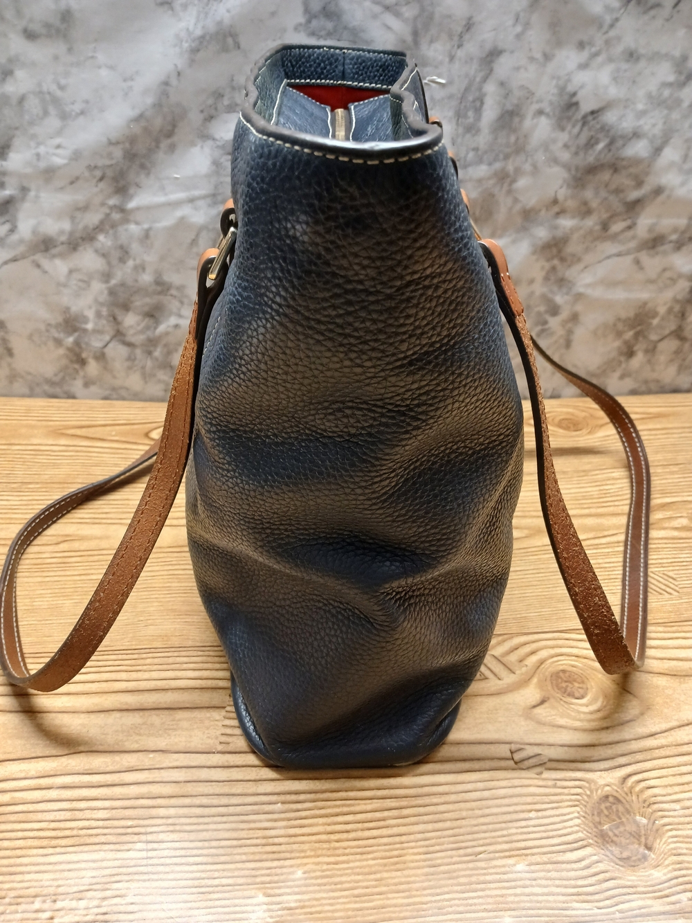 Dooney & Bourke Navy and Brown Pebble Leather Shoulder Bag - Picture 3 of 12